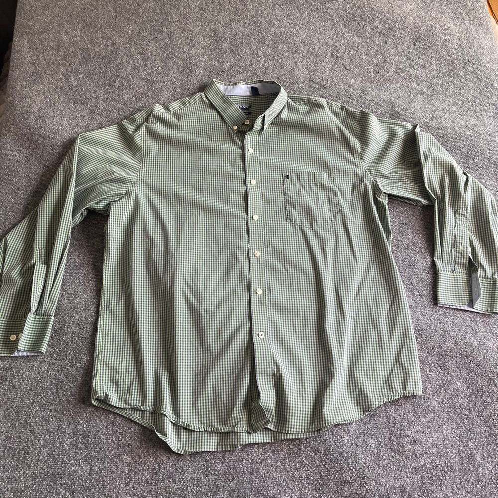 IZOD Mens Green Gingham Non-Iron Stretch Button Down‎ Shirt Long Sleeve XXL